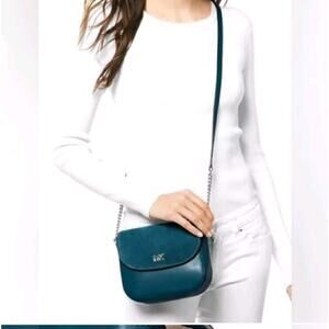 Michael Kors Half Dome Crossbody Bag Teal Green Suede & Leather Chain Strap Smal